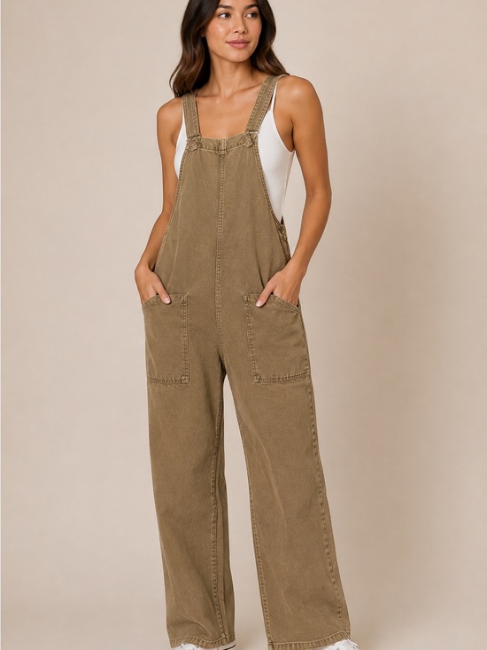 Zenana Outfitters Denim - Zenana Outfitters Tan Wide-Leg Denim Overalls NWT
